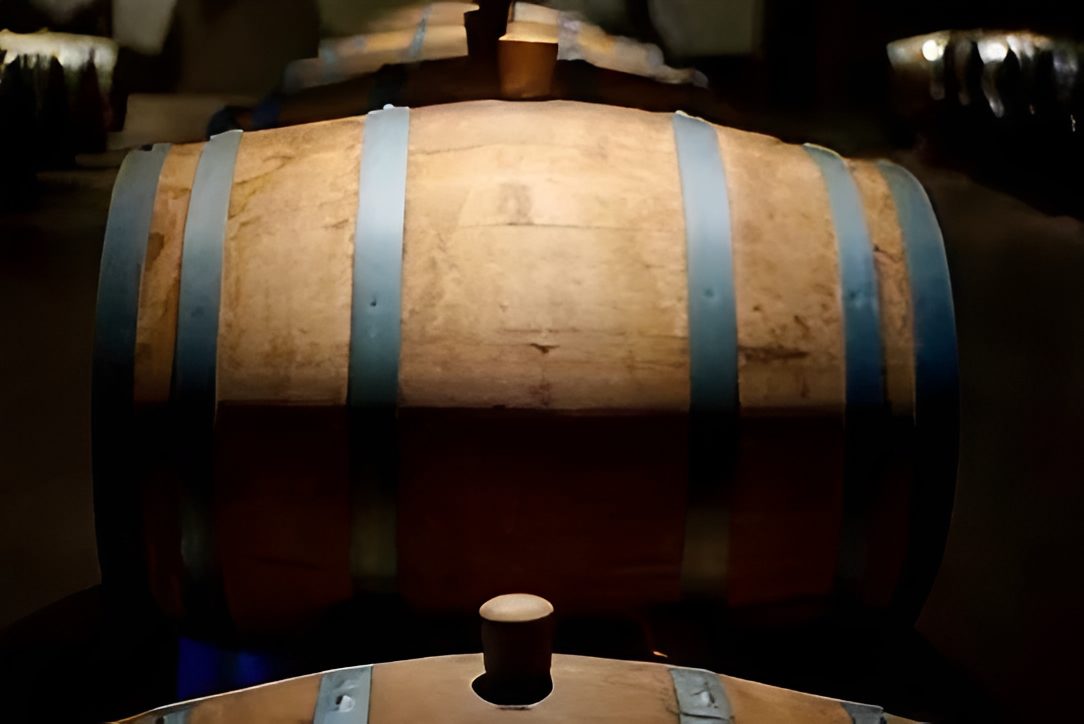 Wooden barrels in a dimly lit cellar.