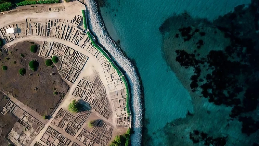Aerial view of coastal archaeological site.