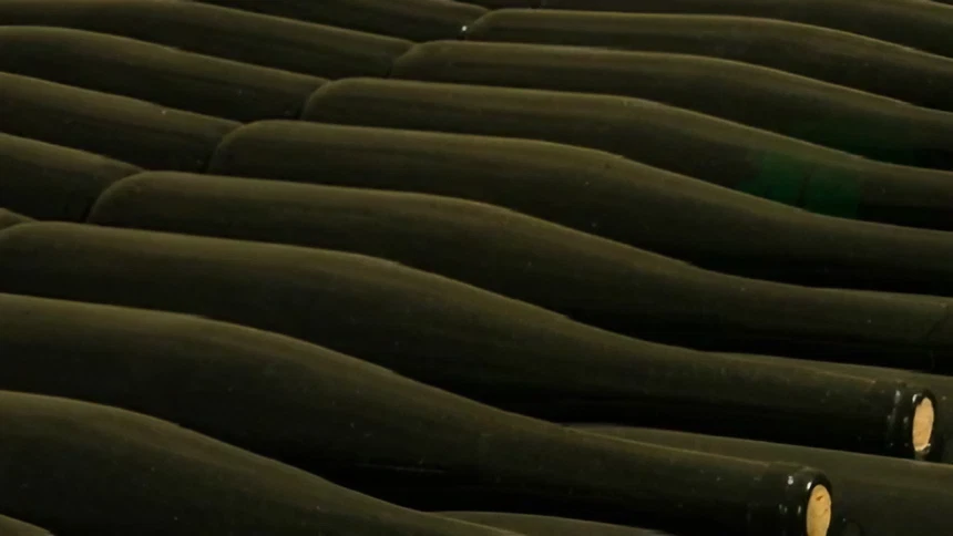 Stacked dark wine bottles in storage.